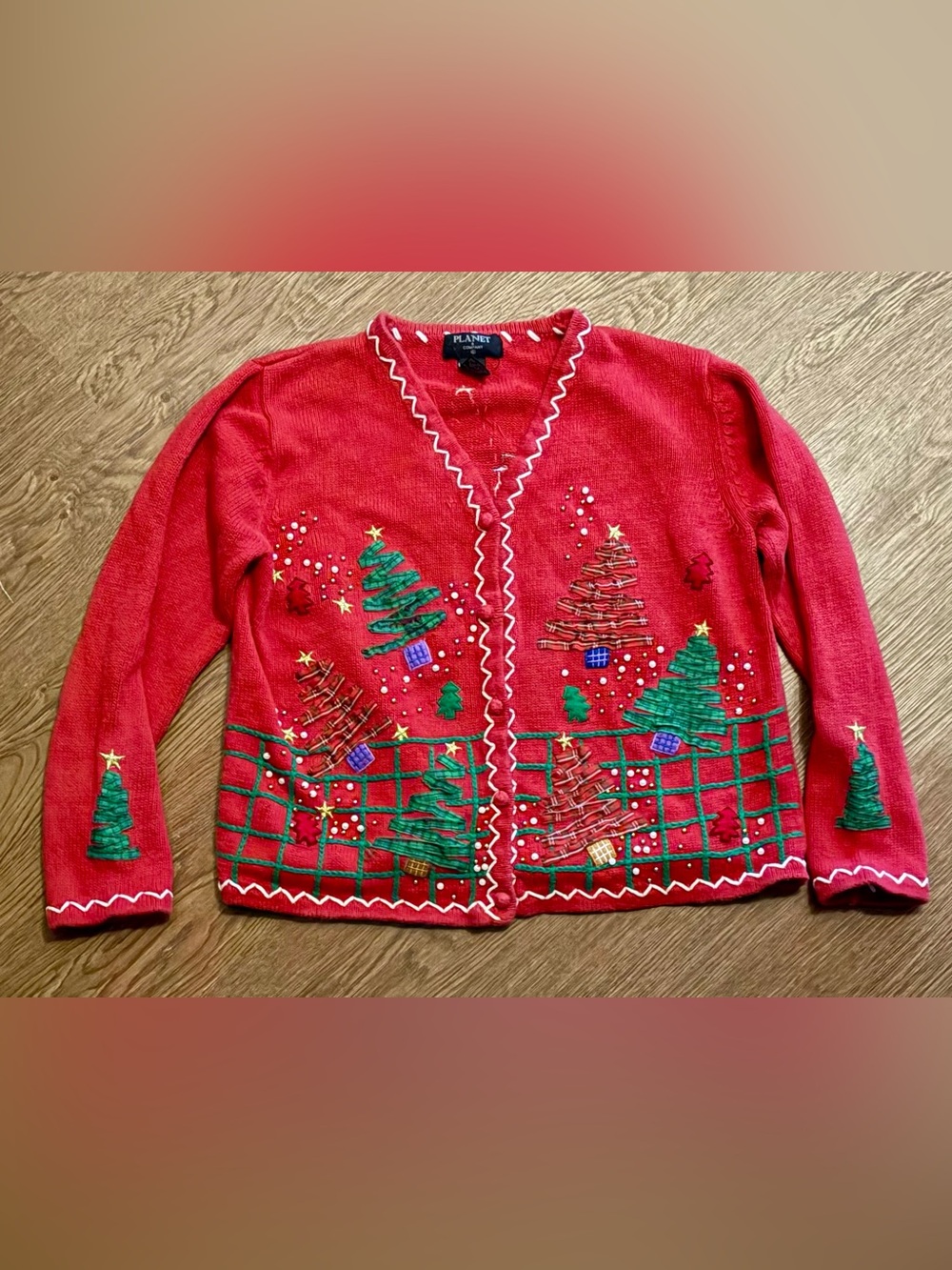 Planet & Company Christmas Tree Cardigan Sweater Red Knit Embellished VTG Medium